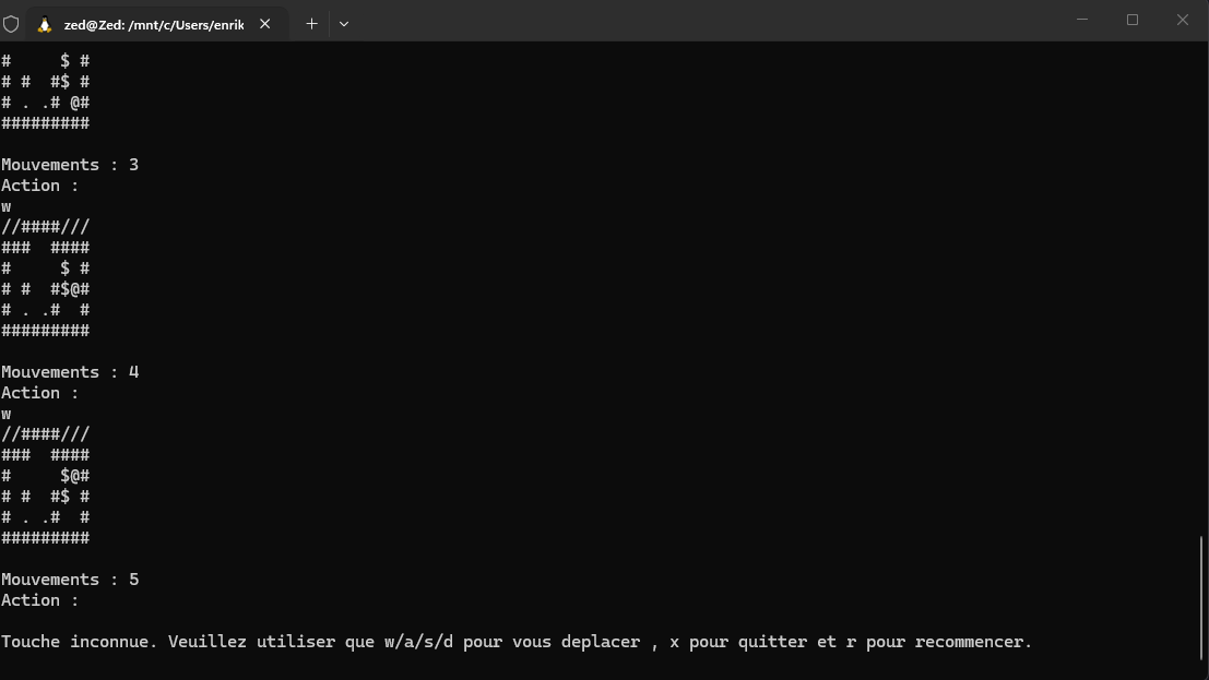 Sokoban dans un terminal, avec le niveau dessiné en caractères et le compteur de mouvements